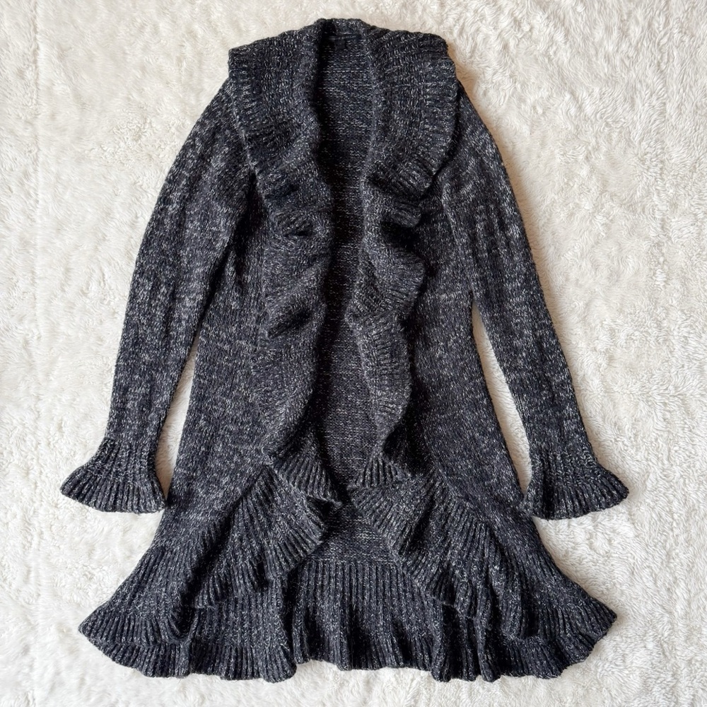 Katherine Barclay Woman Black Waterfall Ruffle Open Long Cardigan LARGE Fairy